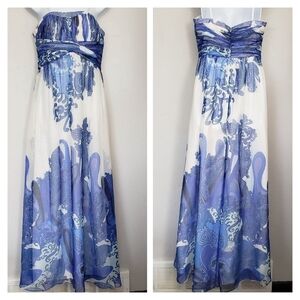 Aidan Mattox Women's 8 Paisley Maxi Dress Silk Blend Blue White Purple Formal